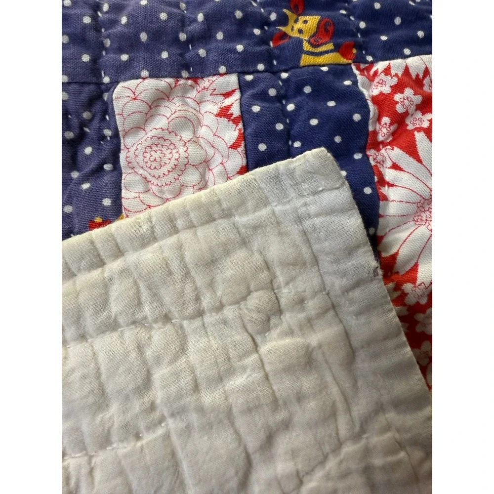 Vintage Handmade Patchwork Quilt Red White Blue Floral Giraffe Nursery Lap Throw